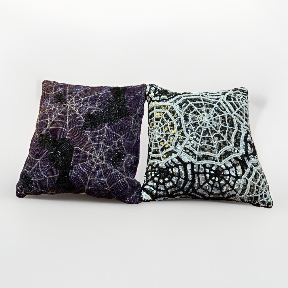 Halloween Bats Spiders Web Purple 10.5x10.5 Beaded Decorative Throw Pillows Two